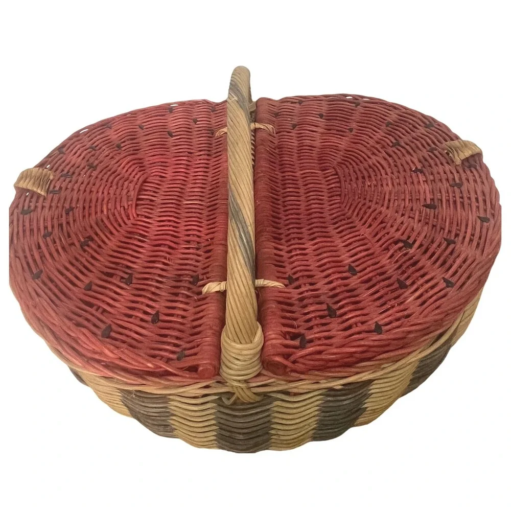 Vintage Watermelon Picnic Basket Woven Wicker Double-Lid Handle Red Green Large